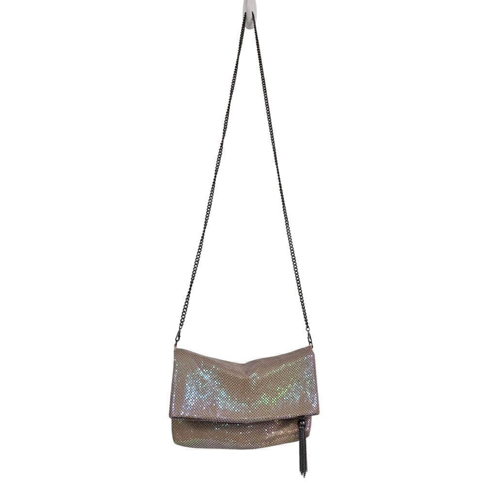 VTG Jessica McClintock Pink Iridescent Metal Mesh Purse Tassle/Chain Strap